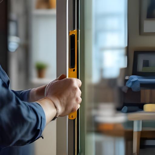 Responsable de instalaciones ajustando un vidrio templado en una obra residencial con herramientas y nivel a mano