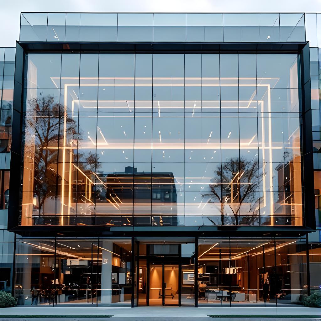 Gran instalación de vidrio en un edificio moderno con reflejos amplios y terminación premium