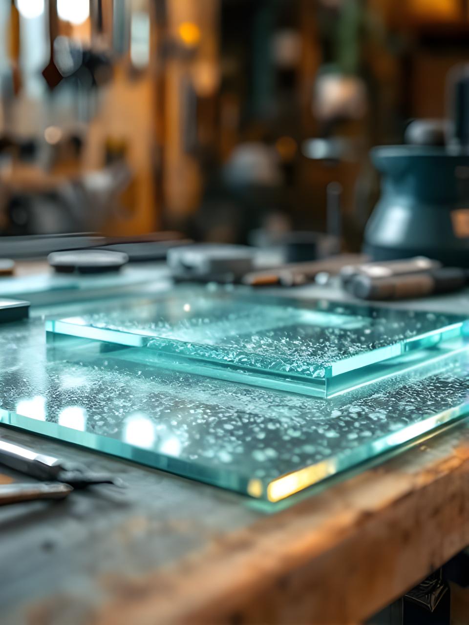 Plano detalle de planchas de vidrio pulido y herramientas de corte sobre una mesa de trabajo