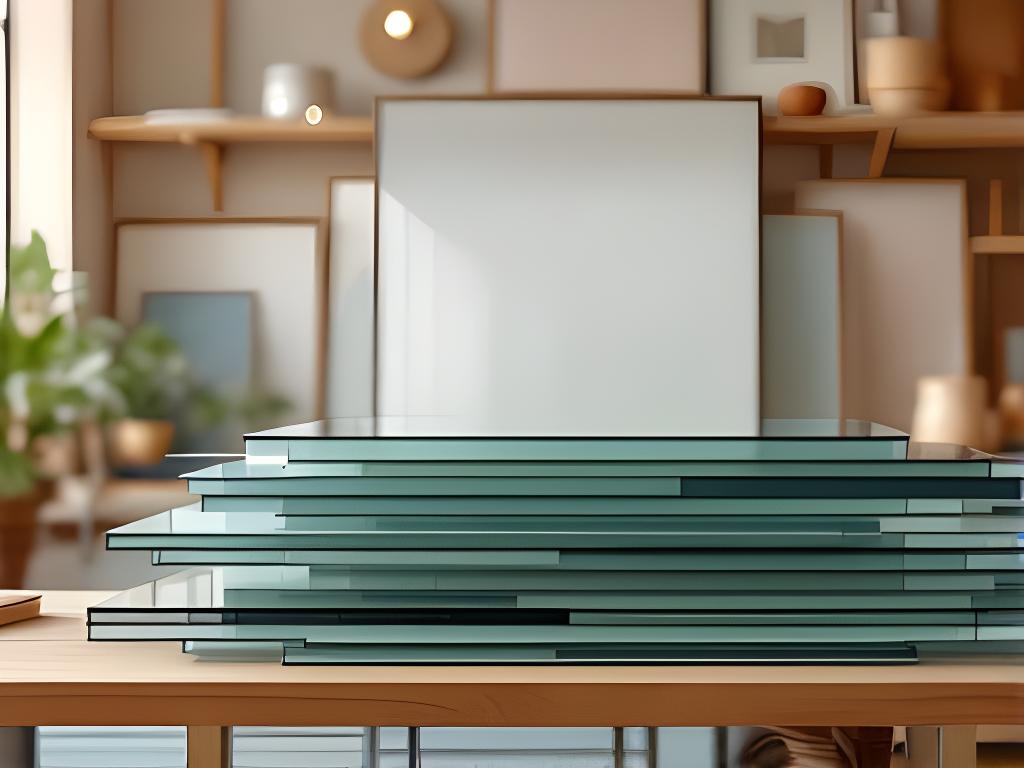 Vidrios y espejos apilados en un taller luminoso con una mesa de trabajo ordenada