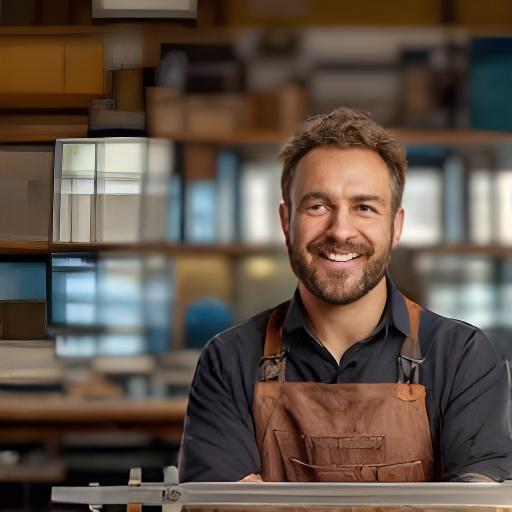 Maestro vidriero sonriendo en el taller con una regla metálica y paneles de vidrio al fondo