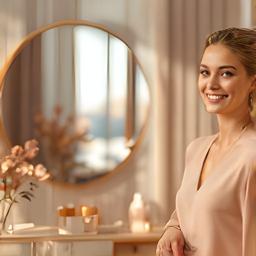 Sofía Paz sonriendo junto a una pared con espejos decorativos