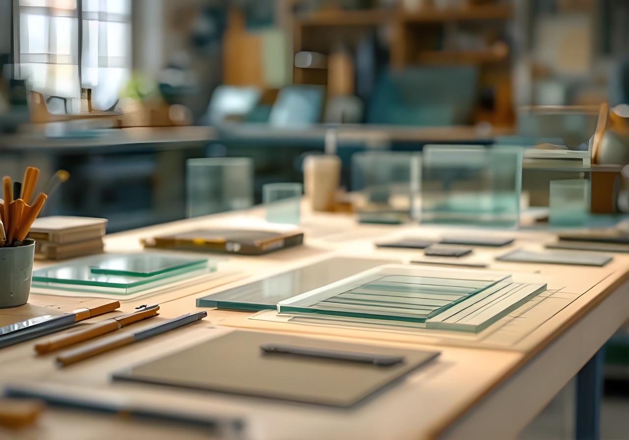 Planos, muestras de vidrio y herramientas de medición sobre una mesa de trabajo en una vidriería luminosa