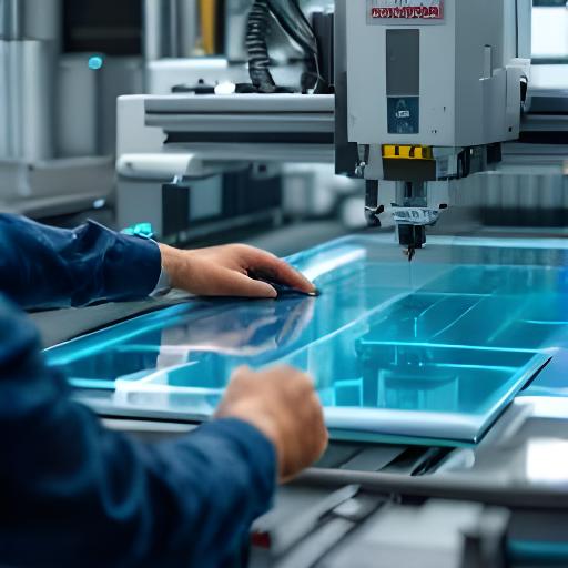 Operadora de corte CNC supervisando una placa de vidrio con paneles y pantalla de control en un taller moderno