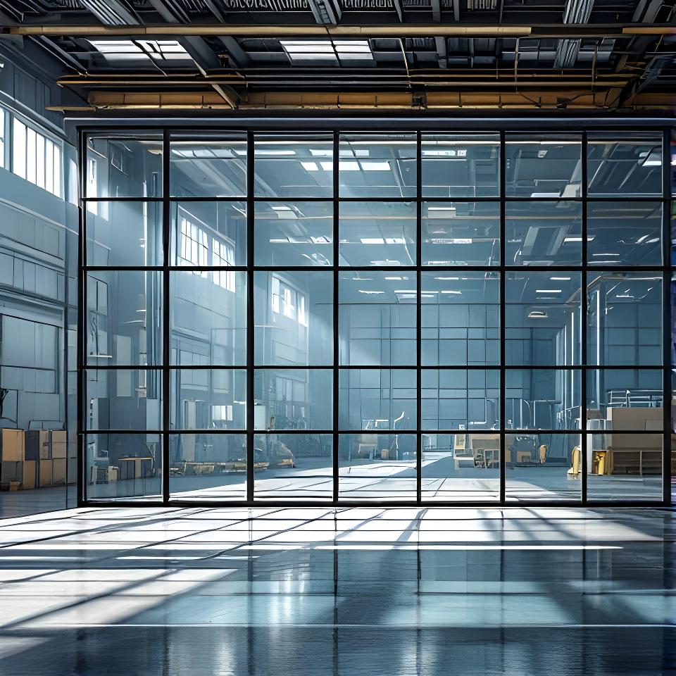 Planta industrial con instalación de vidrio en una estructura metálica y luz natural abundante
